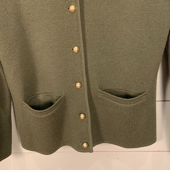 Talbots petite 100% merino wool army green military style button down cardigan - Picture 5 of 8